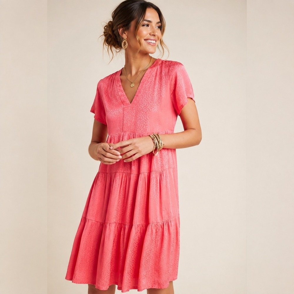 ANTHROPOLOGIE MAEVE Women's Midi Dress Coral MEDIUM V-Neck Tiered OB1165796
